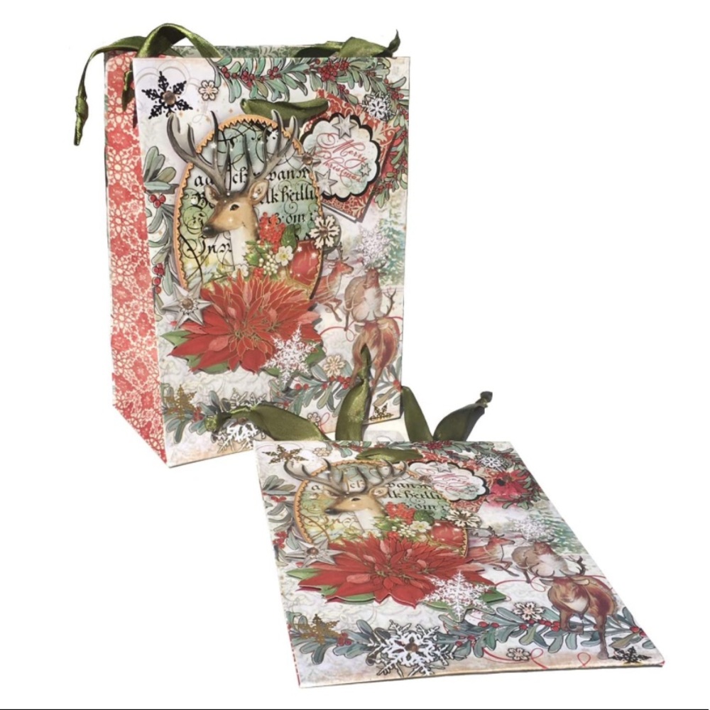 Punch Studio Mistletoe Deer Embellished Small 3-D Gift Bags (64701) Set of 2